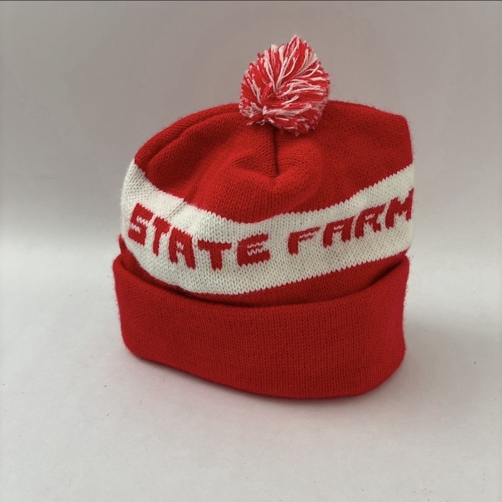 Vintage State Farm Knitted Beanie Acrylic Red And White